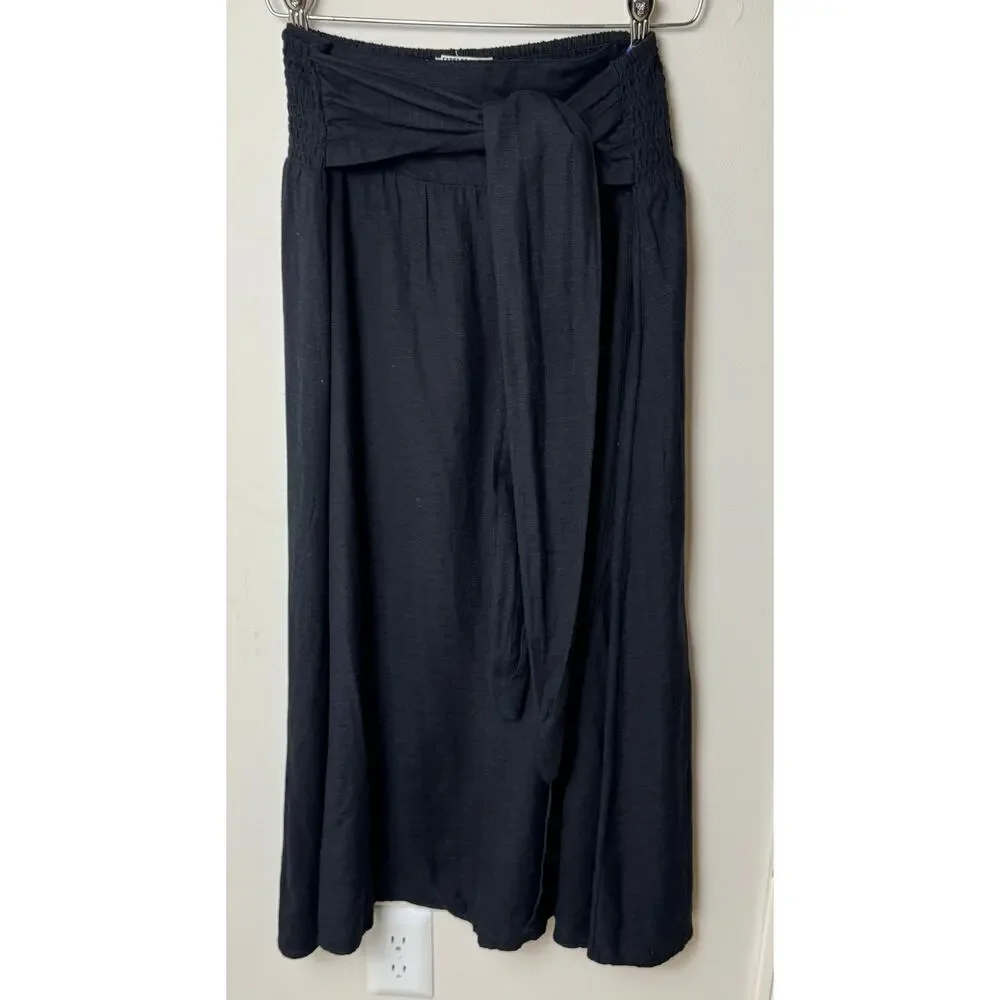 Fat face Sascha Black Midi Skirt With Linen size US 8R Fabric Tie Elastic Waist